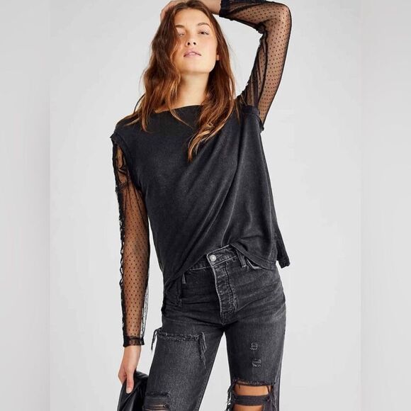Free People Black Billy Jean Twofer Top Small – Embroidered Lace Sleeves - Picture 1 of 15